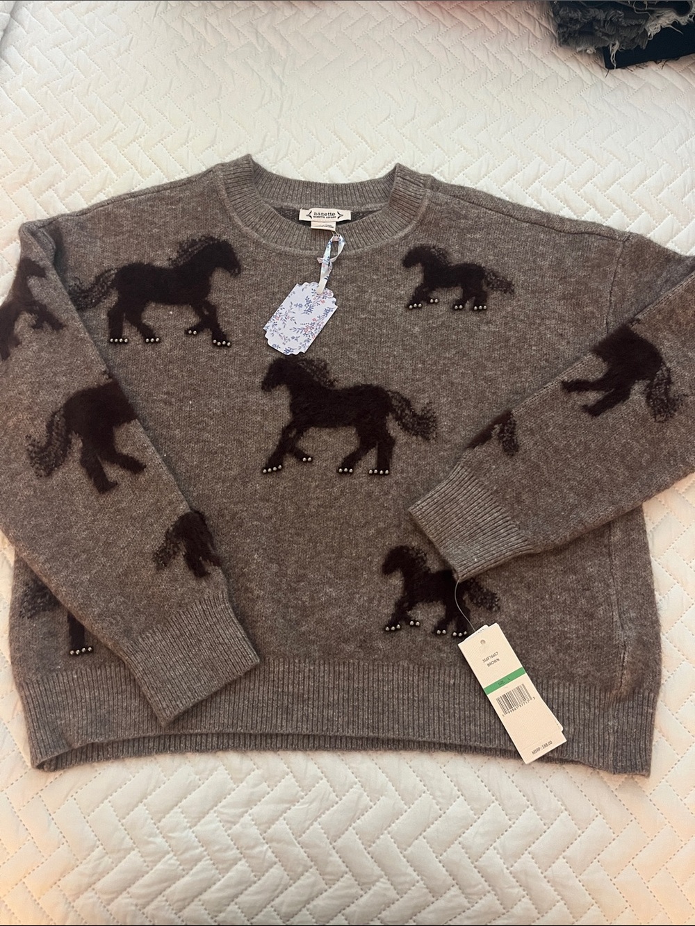 Nanette Lepore Brown Horse-Print Crewneck Sweater Sz L NWT